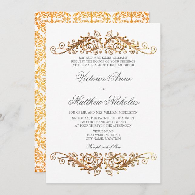 Convite Faux Dourado Flourish Damask (Frente/Verso)
