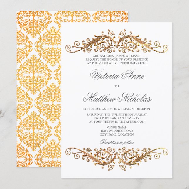 Convite Faux Dourado Flourish Damask (Frente/Verso)