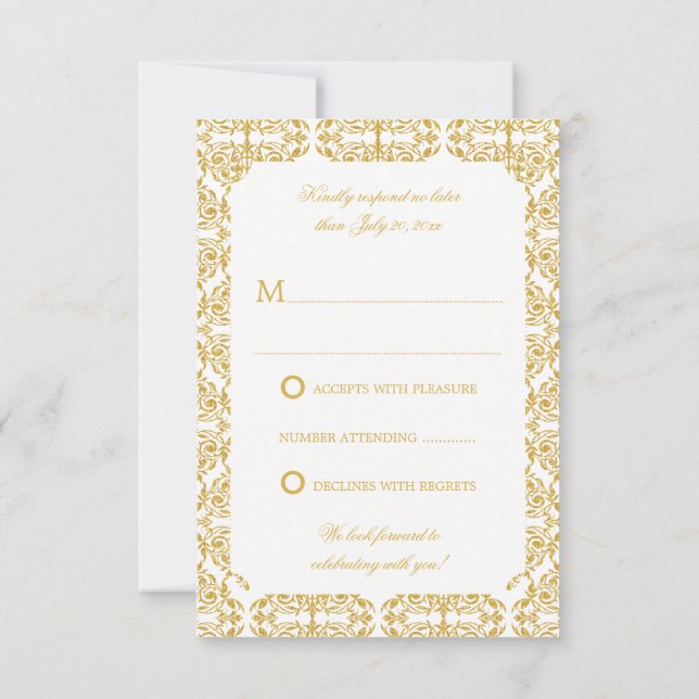 Convite Faux Dourado Flourish Damask RSVP (Verso)