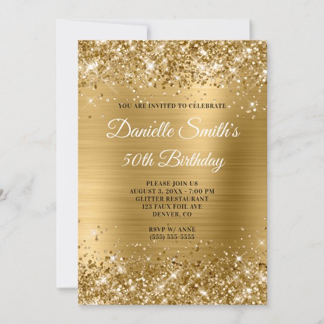 Convite Faux Dourado Glitter and Foil 50th Birthday (Frente)