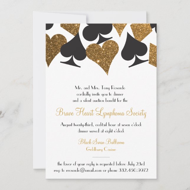 Convite Faux Dourado Glitter do Partido Casino de Las Vega (Frente)