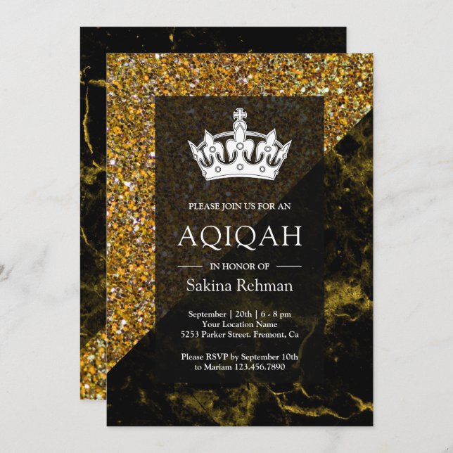 Convite Faux Dourado Glitter Dourado Marble Aqeqah | Aqiqa (Frente/Verso)