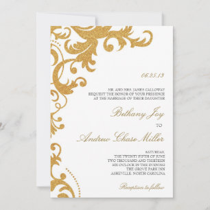 Convite Faux Dourado Glitter Elegant Casamento tema damasc