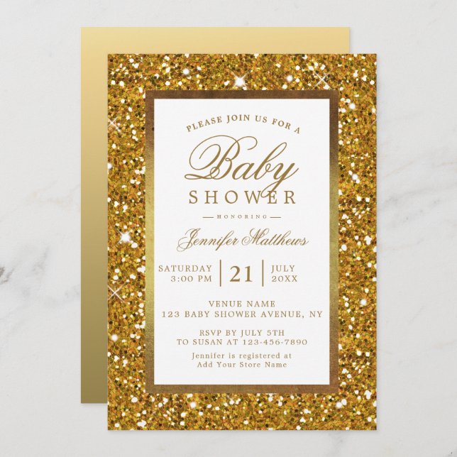 Convite Faux Dourado Glitter Elegant Chá de fraldas Convid (Frente/Verso)