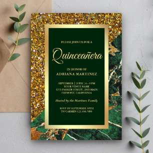 Convite Faux Dourado Glitter Emerald Green Marble Quincean