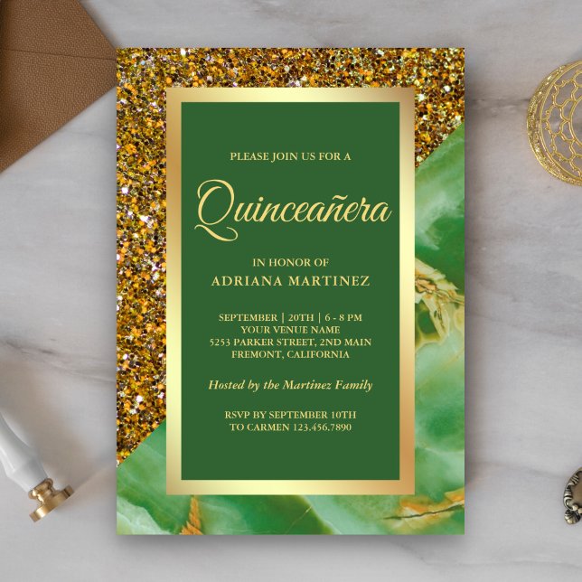 Convite Faux Dourado Glitter Green Marble Quinceanera (Criador carregado)