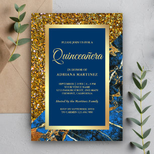 Convite Faux Dourado Glitter Royal Blue Marble Quinceanera