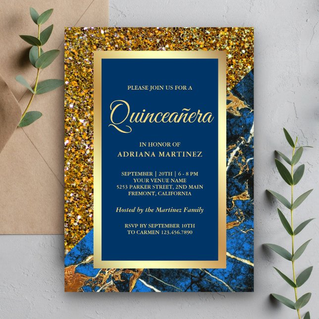 Convite Faux Dourado Glitter Royal Blue Marble Quinceanera (Criador carregado)
