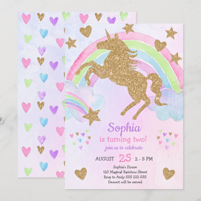 Convite Faux Dourado Glitter Unicorn Birthday (Frente/Verso)