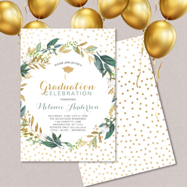 Convite Faux Dourado Greenery Wreath + Graduação de confet (Criador carregado)