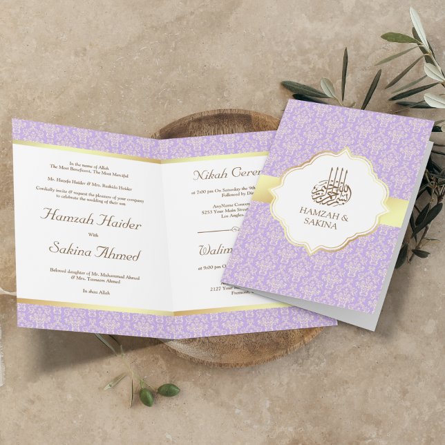 Convite Faux Dourado Lavanda Damasco Casamento Muçulmano (Criador carregado)