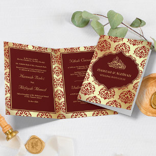 Convite Faux Dourado Marrom Vermelho Damask Casamento Muçu