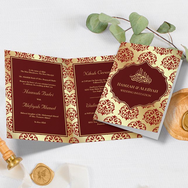 Convite Faux Dourado Marrom Vermelho Damask Casamento Muçu (Criador carregado)