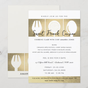 CONVITE FAUX DOURADO SPOON FORK COOKERY CLASSE INVITE MODE