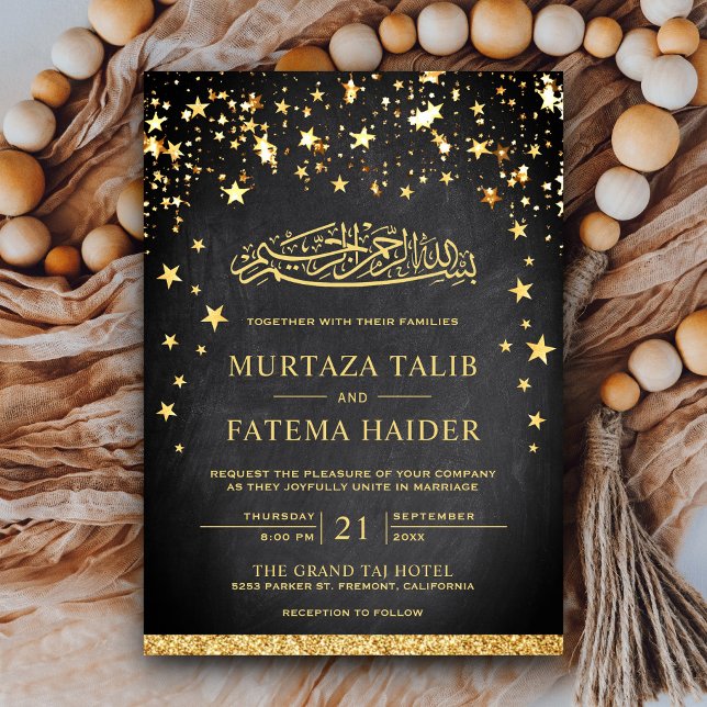 Convite Faux Dourado Stars Chalkboard Muslim Casamento (Criador carregado)