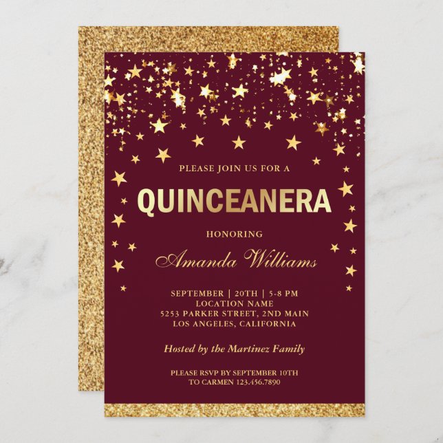 Convite Faux Dourado Stars Confetti Quinceanera (Frente/Verso)