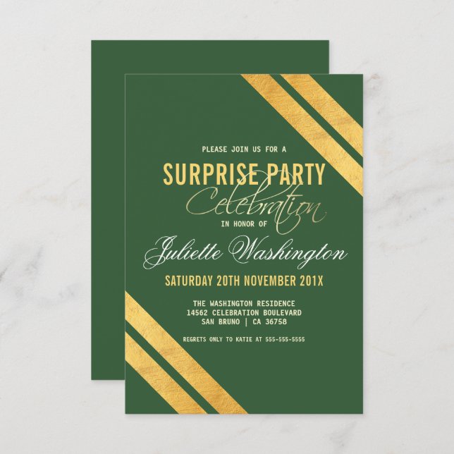 Convite Faux Dourado Strip Dark Surprise Festa de aniversá (Frente/Verso)