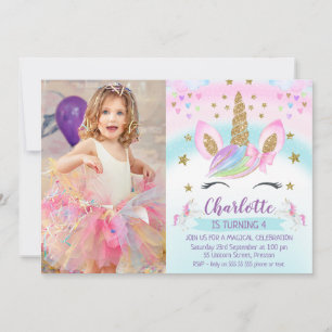 Convite Faux Dourado Unicorn Rainbow Photo Birthday