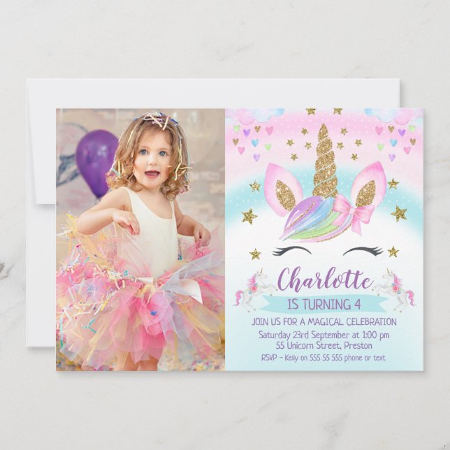 Convite Faux Dourado Unicorn Rainbow Photo Birthday (Frente)