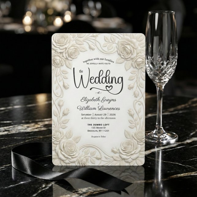 Convite Faux Embossed 3D Cream Rose Bas Relief Wedding  (Criador carregado)