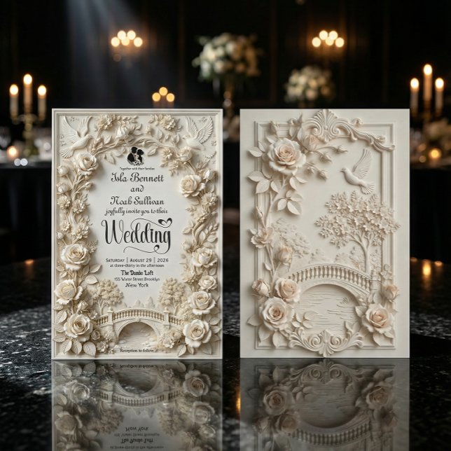 Convite Faux Embossed Floral Relief Effect Classic Wedding (Criador carregado)