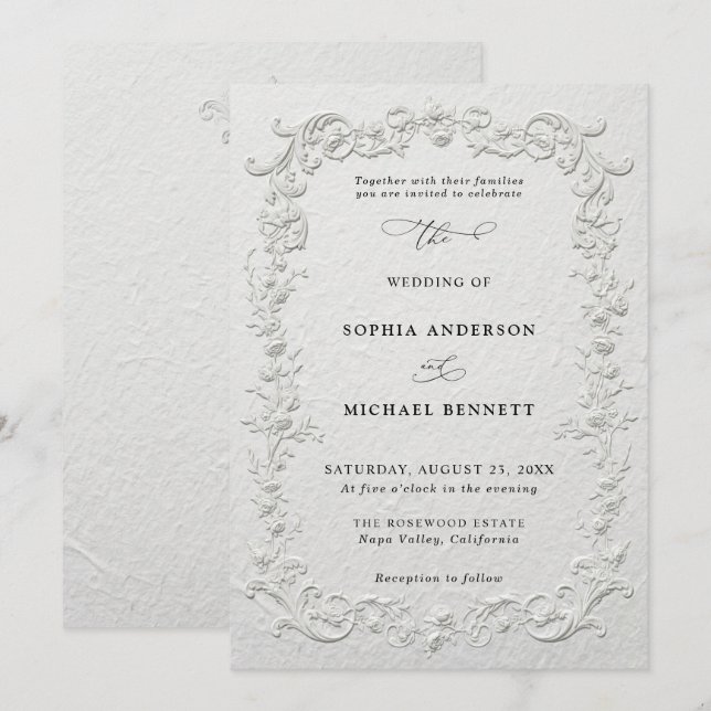 Convite Faux Embossed Floral Wedding Invitation (Frente/Verso)