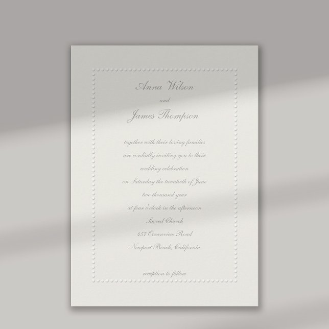 Convite Faux Embossed Frame Ecru Formal Casamento (formal wedding invitation faux embossed beaded frame classic traditional elegant black tie simple)