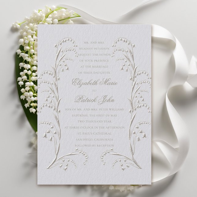 Convite Faux Embossed Lily Valley Ivory Formal Weding (formal wedding invitation classic traditional faux embossed lily of the valley frame ivory)