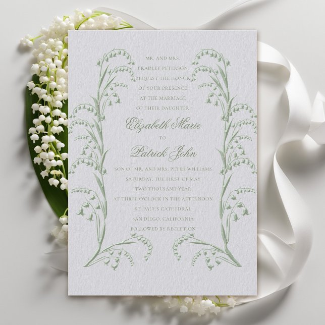Convite Faux Embossed Lily Valley Ivory Green Wedding (formal wedding invitation classic traditional faux embossed lily of the valley frame ivory green)