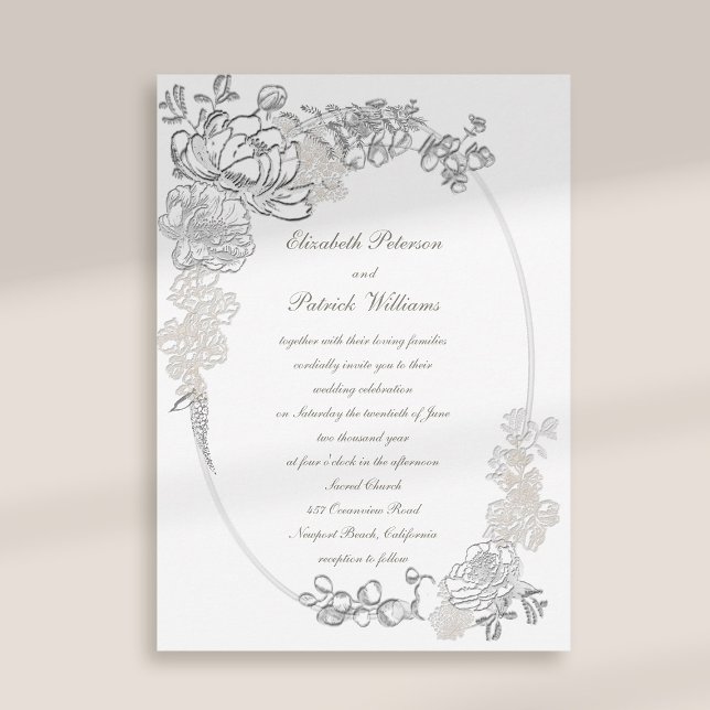 Convite Faux Embossed Peonies Calliografia Casamento de ma (peony wedding invitation floral oval frame formal traditional elegant calligraphy ivory classic)