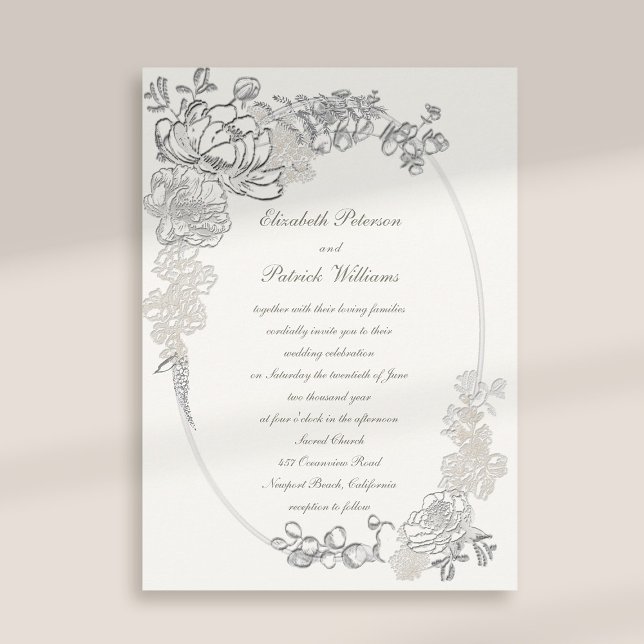 Convite Faux Embossed Peonies Calliografia Pearl Que Casam (peony wedding invitation floral oval frame formal traditional elegant calligraphy pearl classic)