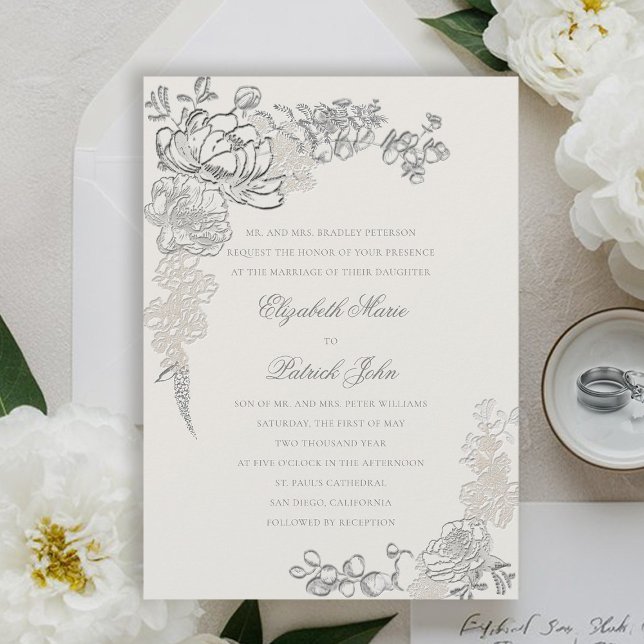 Convite Faux Embossed Peonies Frame Formal Ecru Casamento (peony wedding invitation floral frame formal traditional elegant calligraphy modern classic ecru)