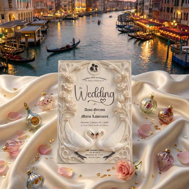 Convite Faux Embossed Relief Sculpted Swans Wedding  (Criador carregado)