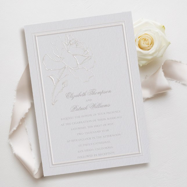 Convite Faux Embossed Rosa Frame Ivory Formal Casamento (faux embossed rose double frame wedding invitation modern classic traditional formal ivory)