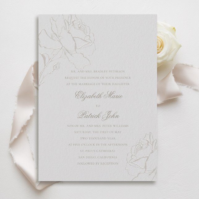 Convite Faux Embossed Rosas Ivory Formal Parents Casamento (faux embossed roses wedding invitation modern classic traditional formal ivory champagne parents)