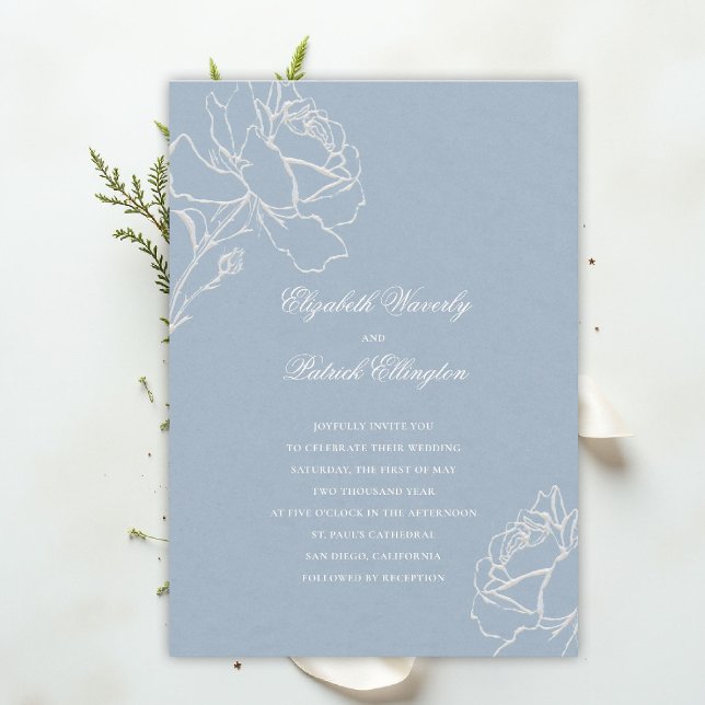 Convite Faux Embossed Roses Blue Formal Classic Wedding (blue wedding theme dusty white invitation formal traditional modern classic floral elegant roses)