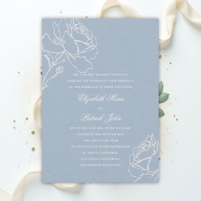 Convite Faux Embossed Roses Blue Formal Parents Wedding (blue wedding theme dusty white invitation formal traditional modern classic floral roses elegant)