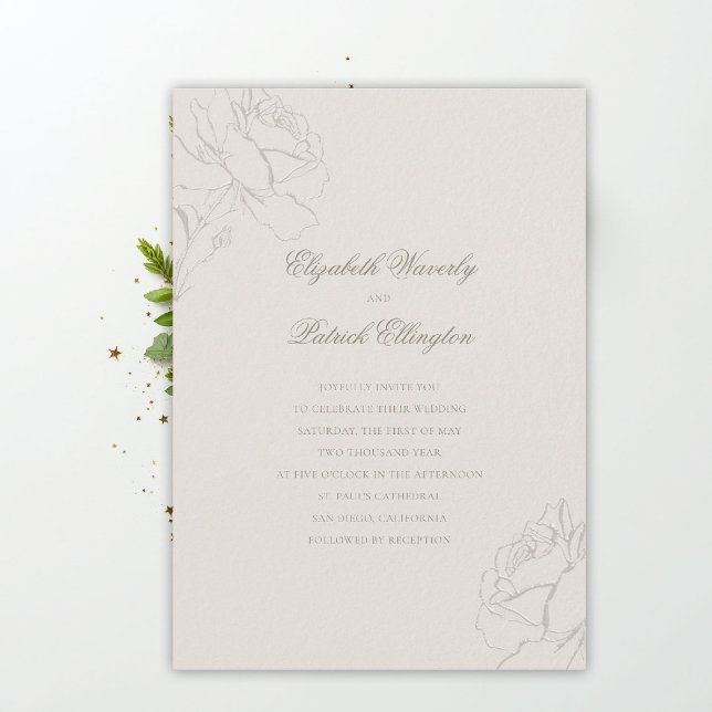 Convite Faux Embossed Roses Ecru Modern Classic Wedding (ethereal wedding theme ecru invitation formal traditional modern classic floral roses elevated)