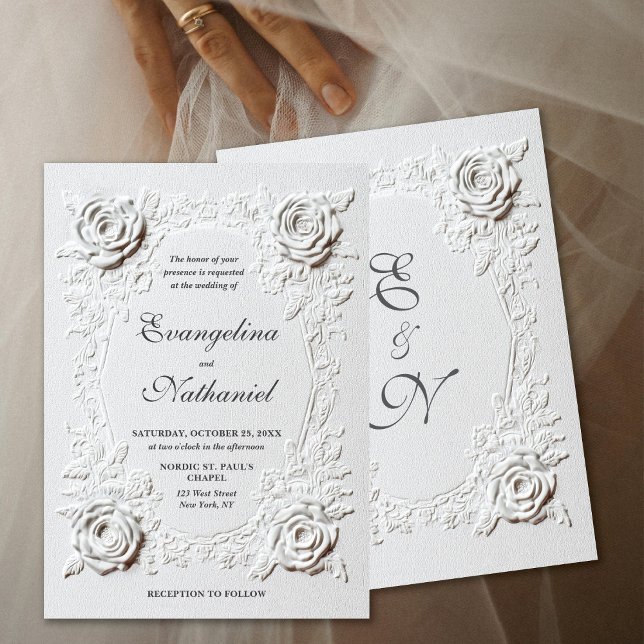 Convite  Faux Embossed Roses Elegant Script Formal Wedding (Criador carregado)