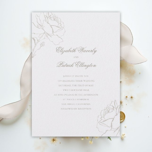 Convite Faux Embossed Roses Pearl Modern Classic Wedding (ethereal wedding theme pearl white invitation formal traditional modern classic floral elegant roses)