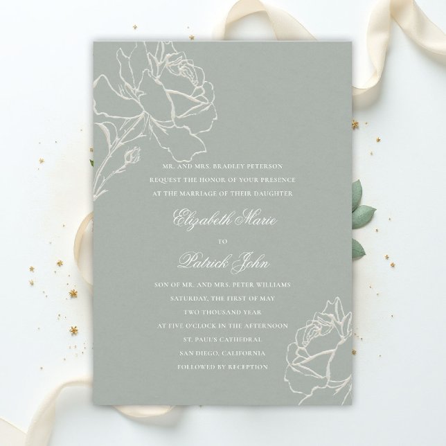 Convite Faux Embossed Roses Sage Green Formal Wedding (sage green wedding theme invitation formal traditional modern classic floral roses elegant)