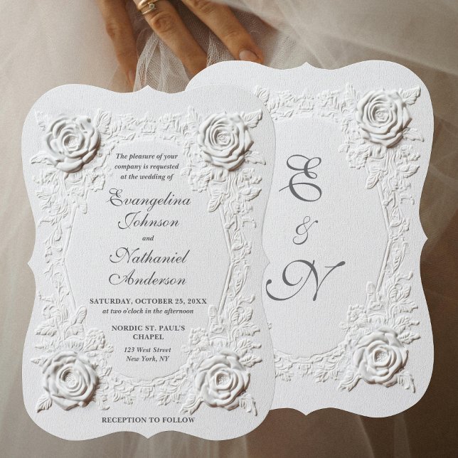 Convite  Faux Embossed Roses Script Elegant Formal Wedding (Criador carregado)