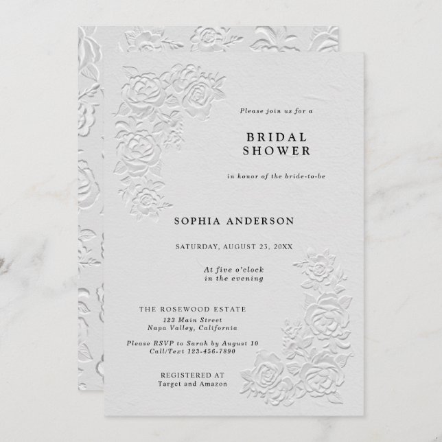 Convite Faux Embossed White Roses Bridal Shower Invitation (Frente/Verso)