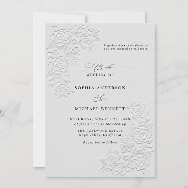 Convite Faux Embossed White Roses Wedding Invitation (Frente)