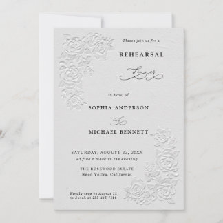Convite Faux Embossed White Roses Wedding Rehearsal Dinner