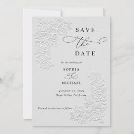 Convite Faux Embossed White Roses Wedding Save the Date 
