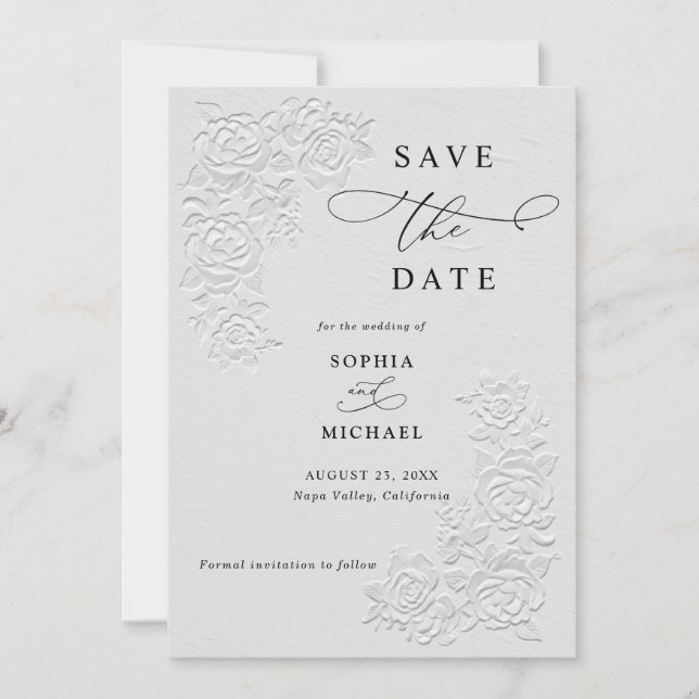 Convite Faux Embossed White Roses Wedding Save the Date  (Frente)