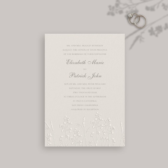 Convite Faux Embossed Wildflower Ecru Casamento Formal (formal traditional wedding invitation faux embossed wildflowers art sketch ecru modern classic)