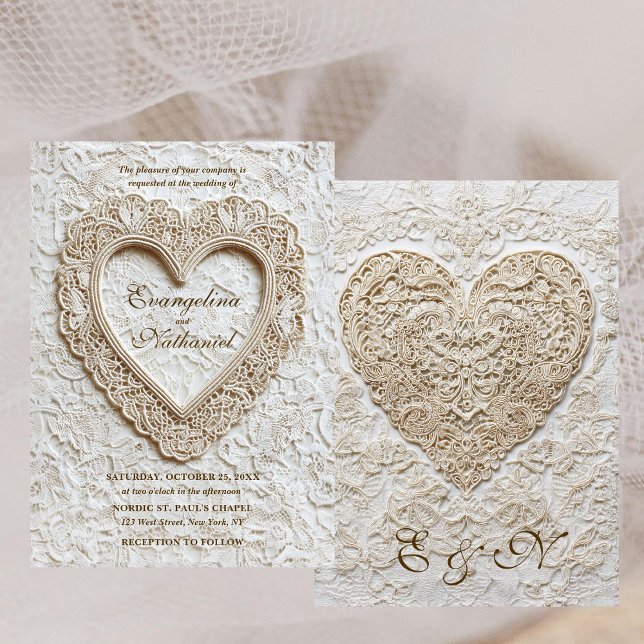 Convite Faux Embroidery Timeless Lace Heart Formal Wedding (Criador carregado)