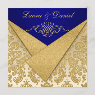 Convite FAUX FLAPS Azul, Dourado Aniversário do Damask Con